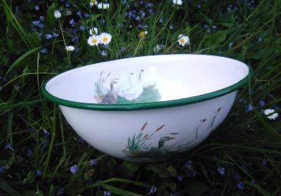 Grand saladier émaillé décoration oie 27 cm, vaisselle émaillée déco exclusive