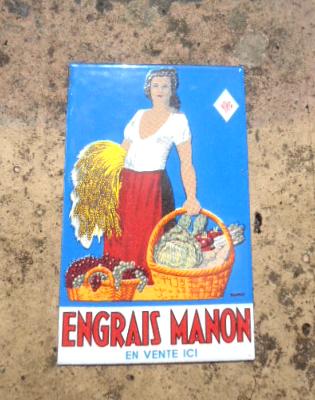 Magnet émail ancienne Pub Engrais Manon: plaque émaillée Vintage aimantée