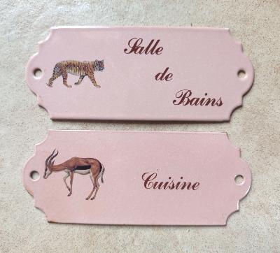 Plaques de porte émaillées vieux rose animaux sauvages set de2