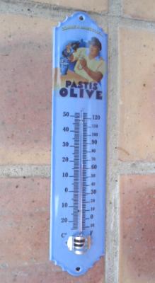 Thermomètre émail bleu: thermomètre publicitaire vintage Pastis olive 30 cm