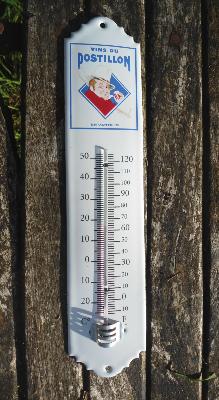 Thermomètre émaillé ancienne publicité Vins du Postillon 30 cm