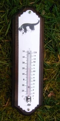 Thermomètre émail Chat: plaque émaillée déco sur bois massif 33 cm