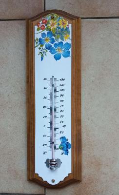 Thermomètre émail motif fleur: plaque émaillée déco sur bois massif 33 cm